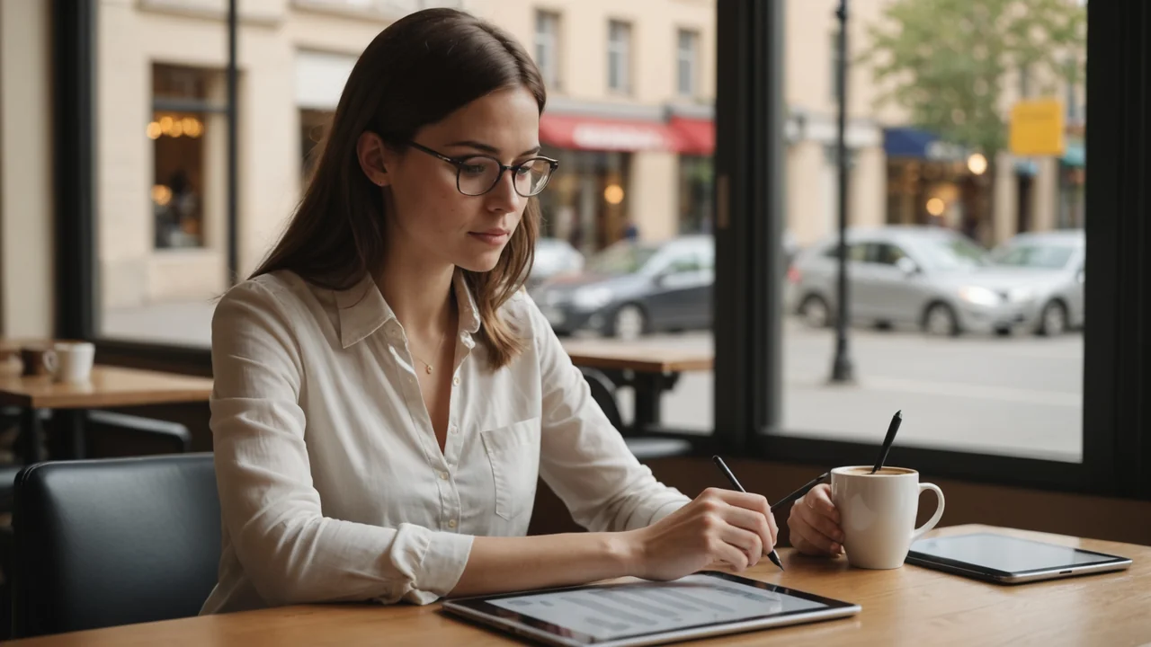 Young professional completing a form on a tablet at a cafe