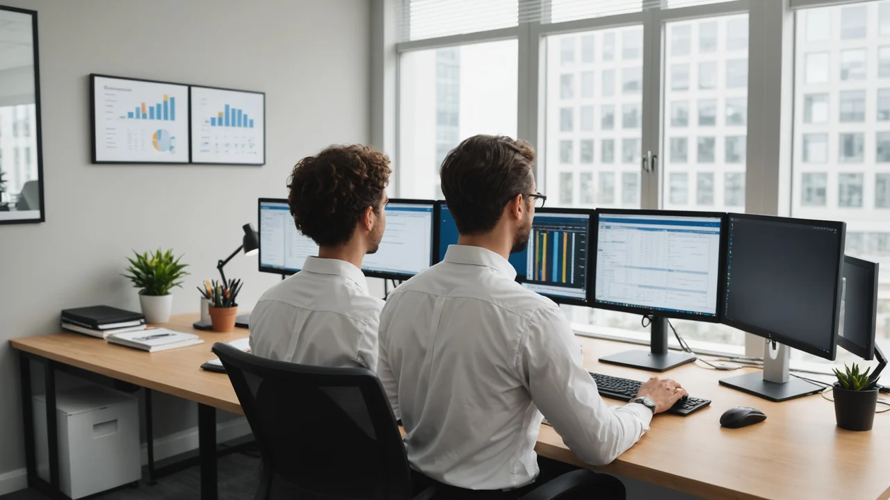 HR professional reviewing a comparison spreadsheet on dual monitors