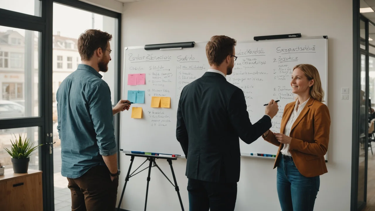 Two HR professionals writing evaluation criteria on a whiteboard