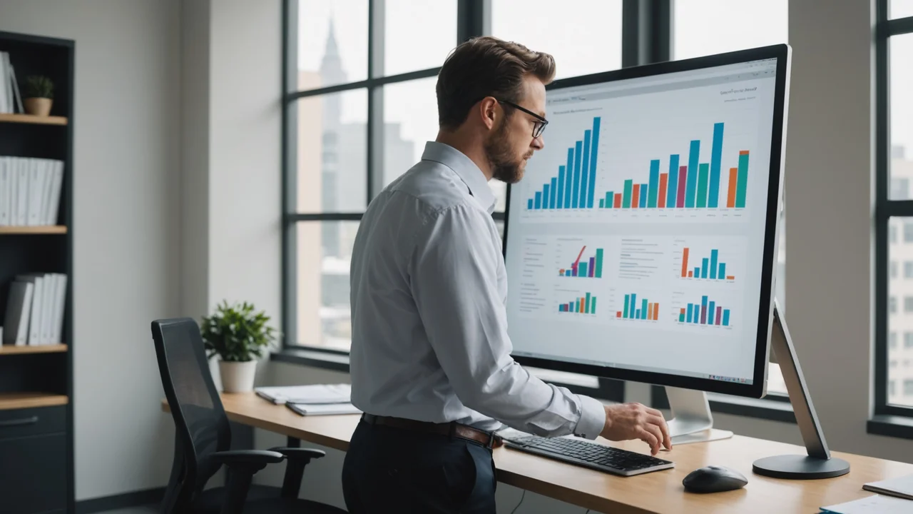 Recruiter reviewing a productivity report at a standing desk