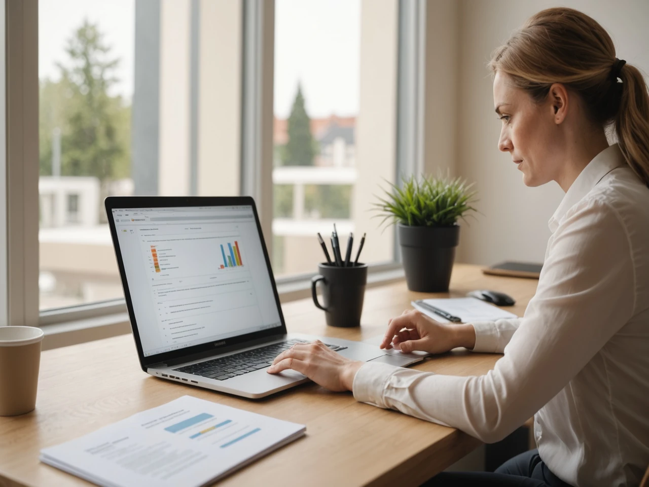 HR professional reviewing structured candidate scorecards on a laptop